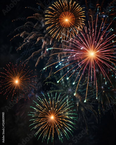 Fireworks illuminate the night with brilliant hues and sparkling trails.
