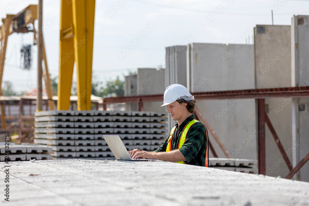Civil engineer in safety suit is using his computer or laptop to check the quality of slabs and precast floorboard in production line. A male engineer with his computer using technology in a factory. Civil engineer in safety suit is using his computer or laptop to check the quality of slabs and precast floorboard in production line. A male engineer with his computer using technology in a factory.