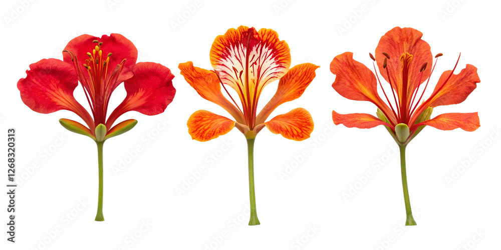 Obraz premium Set of Real Poinciana Tree Flowers on White Background for Bold Floral Design, PNG Transparent