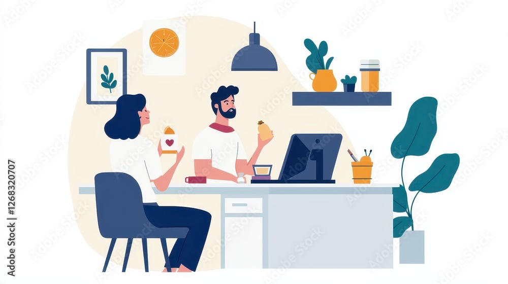 Fototapeta premium Couple enjoying snacks while working at a desk in a bright home office., social media content creator concept