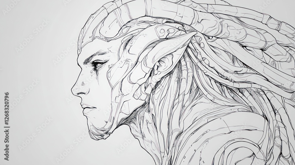 Fototapeta premium Cybernetic Elf Profile, Line Art, Studio, White Background, Sci-Fi Concept