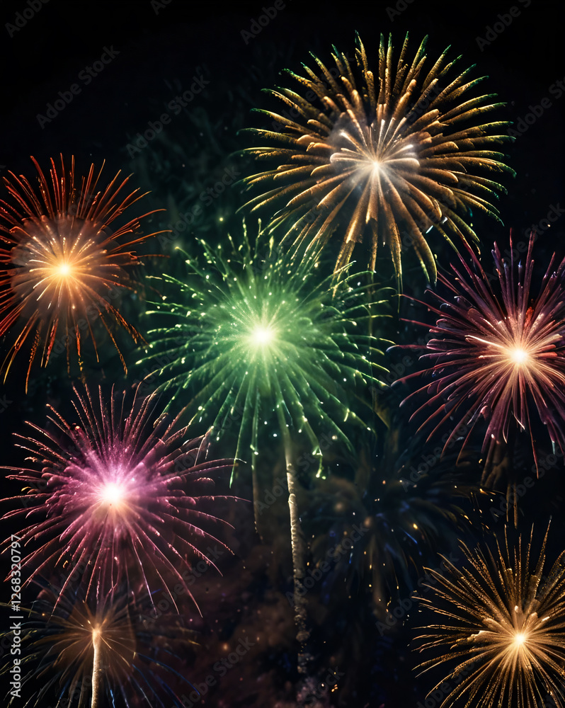 Fototapeta premium Bright fireworks explode in the dark sky, creating a stunning visual display.