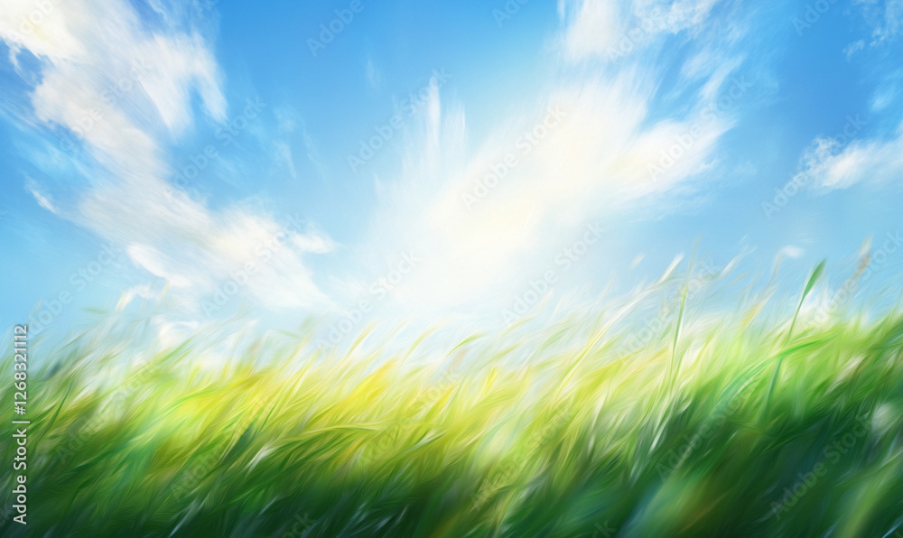 Windy Grass Field with Blurred Motion Effect Under Blue Sky, Nature Landscape Windy Grass Field with Blurred Motion Effect Under Blue Sky, Nature Landscape