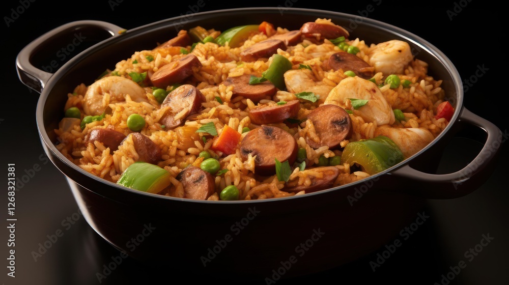 A pan of paella with sausage and vegetables A pan of paella with sausage and vegetables