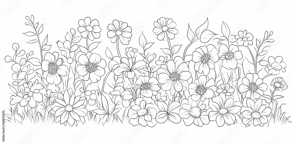 Fototapeta premium Floral Line Art: A detailed line drawing showcasing a vibrant array of flowers and foliage