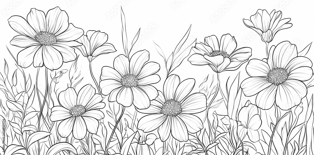 Blooming Meadow Sketch: A delicate illustration of a meadow abundant with vibrant daisies and assorted wildflowers. The artwork captures the essence of a peaceful summer day. Blooming Meadow Sketch: A delicate illustration of a meadow abundant with vibrant daisies and assorted wildflowers. The artwork captures the essence of a peaceful summer day.