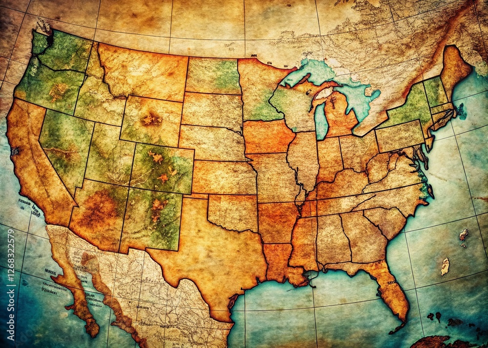 Fototapeta premium Vintage Style US Map: Detailed Topographic View, Overhead Perspective, Accurate Colors