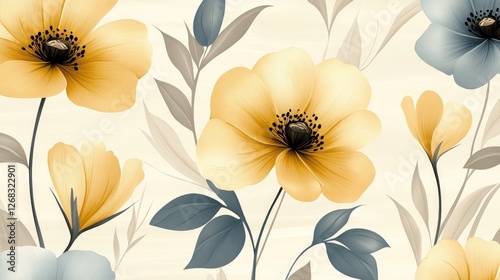 Elegant yellow and blue floral pattern.