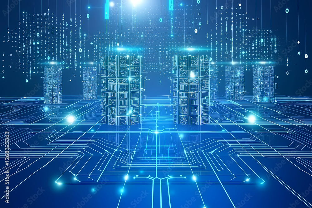 An intricate vector illustration of a blue circuit board with futuristic digital tech elements. An intricate vector illustration of a blue circuit board with futuristic digital tech elements.