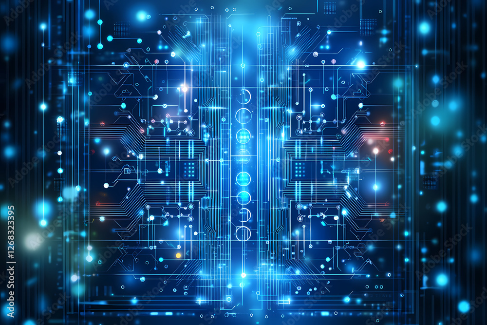An intricate vector illustration of a blue circuit board with futuristic digital tech elements.