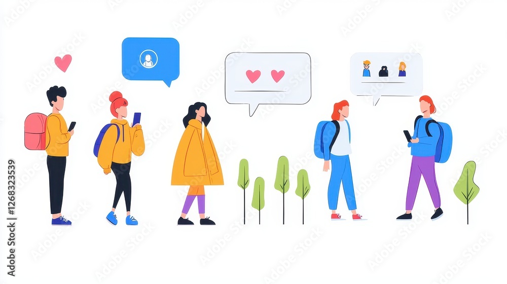 Illustration of people interacting with speech bubbles and trees., social media content creator concept Illustration of people interacting with speech bubbles and trees., social media content creator concept