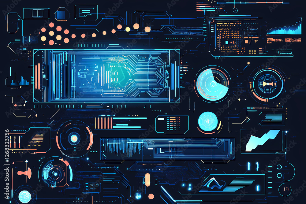 An intricate vector illustration of a blue circuit board with futuristic digital tech elements. An intricate vector illustration of a blue circuit board with futuristic digital tech elements.