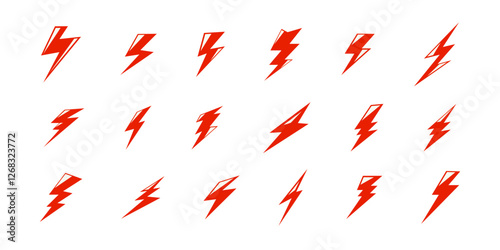 Piorun, błyskawica, wyładowanie elektryczne, grzmot. Zestaw elementów wektorowych w prostym kreskówkowym stylu.