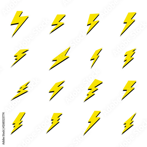 Piorun, błyskawica, wyładowanie elektryczne, grzmot. Zestaw elementów wektorowych w prostym kreskówkowym stylu.