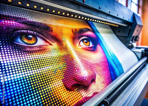 Wall Printer in Action: CMYK Halftone Printing Technology Stock Photo