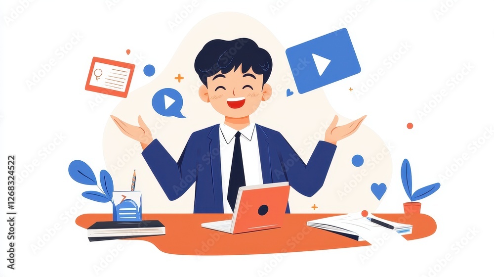 Cheerful person engaging with digital content and tools at a desk., social media content creator concept Cheerful person engaging with digital content and tools at a desk., social media content creator concept