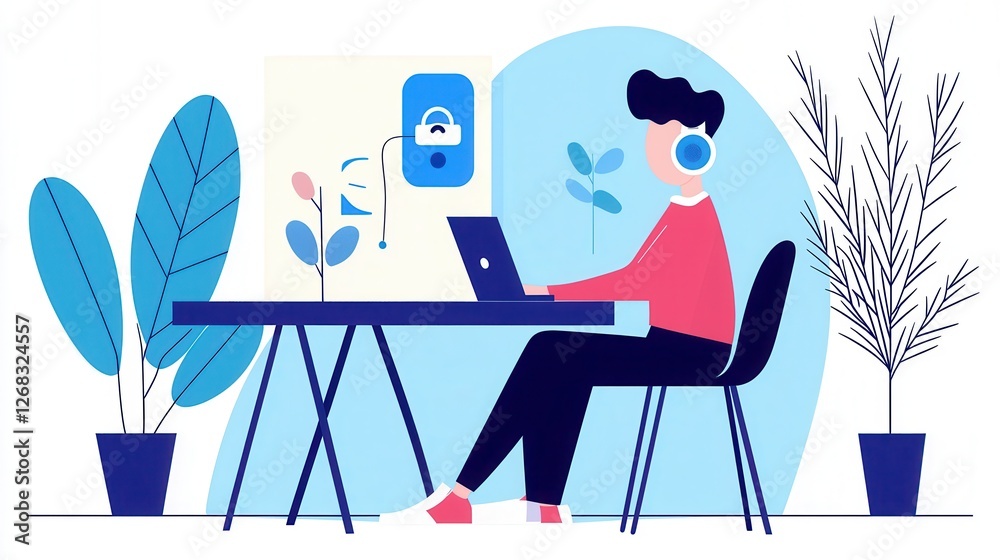 Person working on a laptop with headphones in a modern, plant-filled workspace., social media content creator concept Person working on a laptop with headphones in a modern, plant-filled workspace., social media content creator concept