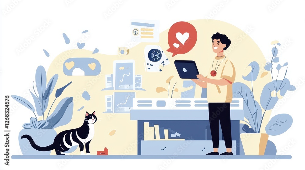 A person working on a laptop with a cat and plants in a cozy setting., social media content creator concept A person working on a laptop with a cat and plants in a cozy setting., social media content creator concept