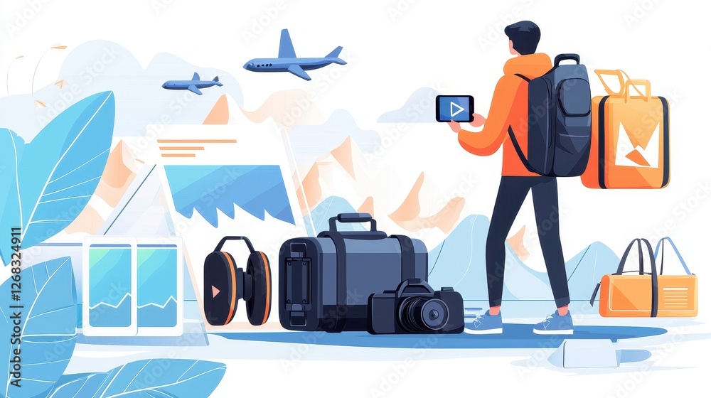 Obraz premium Traveler with luggage looking at a device in an illustrated airport setting., social media content creator concept