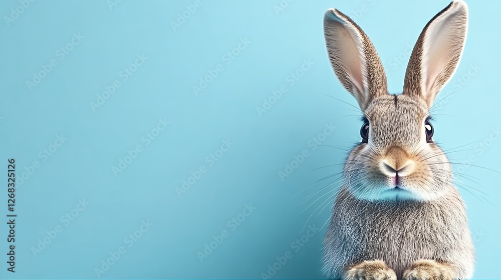 Fototapeta premium Fluffy Rabbit Surrounded by Colorful Speckles on a Solid Blue Background