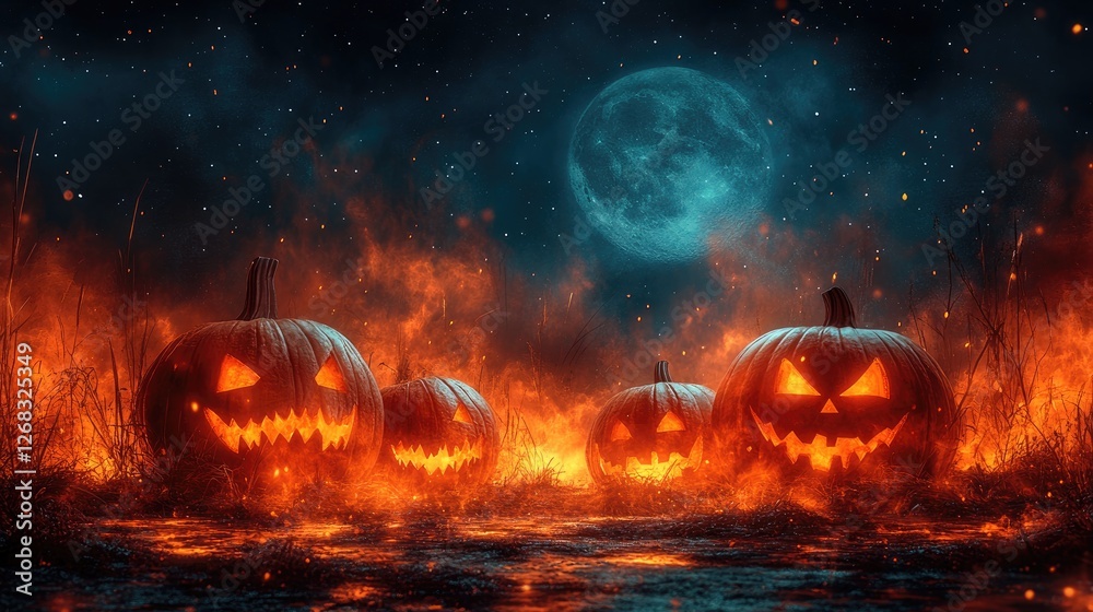 Spooky Halloween Night with Glowing Jack-o'-Lanterns Surrounded by Fire and a Full Moon Spooky Halloween Night with Glowing Jack-o'-Lanterns Surrounded by Fire and a Full Moon