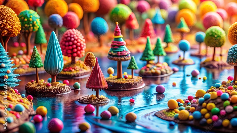 Naklejka premium Whimsical Candyland: Macro Photography of Colorful Candy Trees & River
