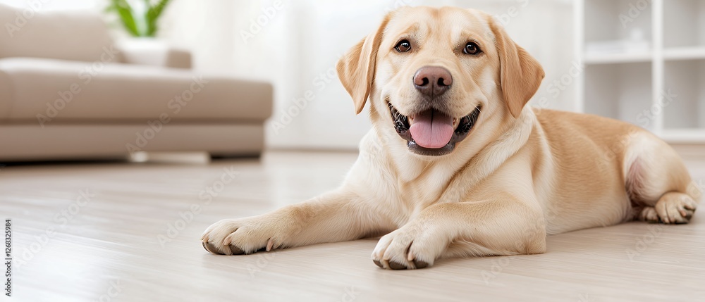 Happy Labrador Retriever Relaxing on a Wooden Floor in a Cozy Living Room Happy Labrador Retriever Relaxing on a Wooden Floor in a Cozy Living Room