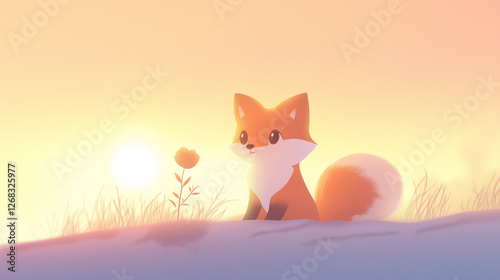 Cute fox cub sitting in grass at sunset watching a flower