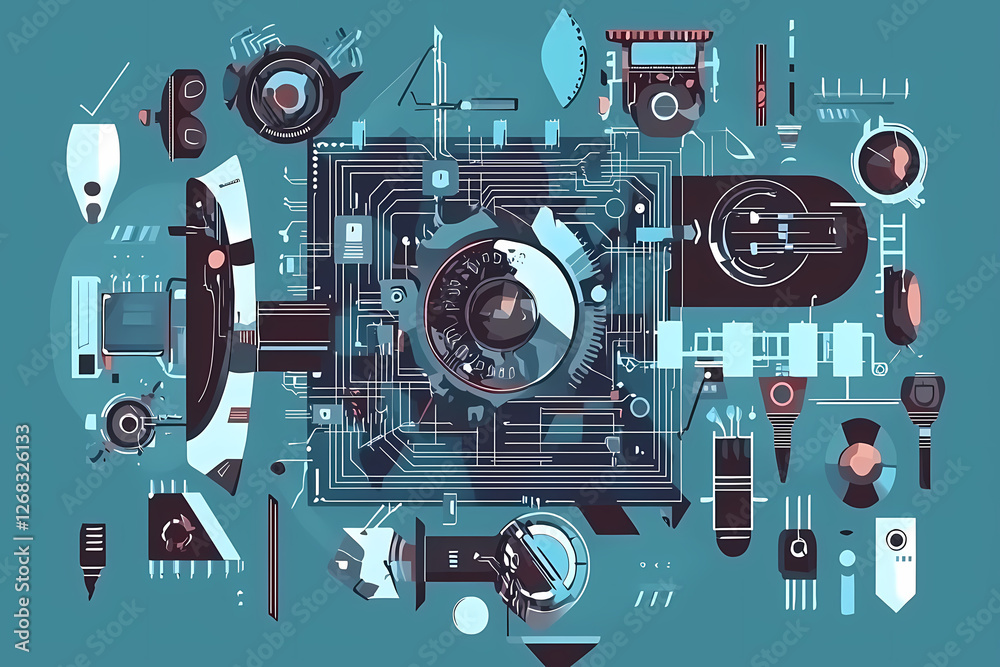 Obraz premium An intricate vector illustration of a blue circuit board with futuristic digital tech elements.