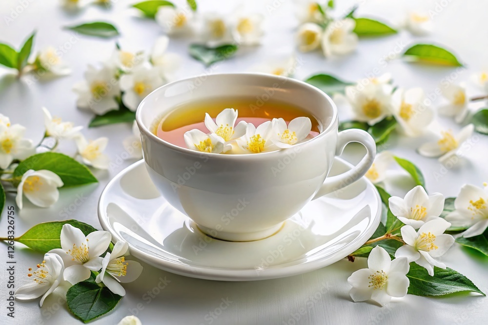 White Jasmine Tea Cup with Delicate Blossoms: Relaxing Herbal Tea Macro Photography White Jasmine Tea Cup with Delicate Blossoms: Relaxing Herbal Tea Macro Photography