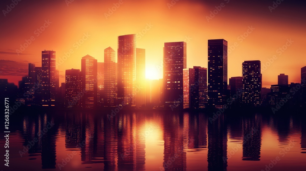 Fototapeta premium A dramatic silhouette of a city skyline with tall business buildings against a glowing sunset, symbolizing corporate success and finance. Copy space included.