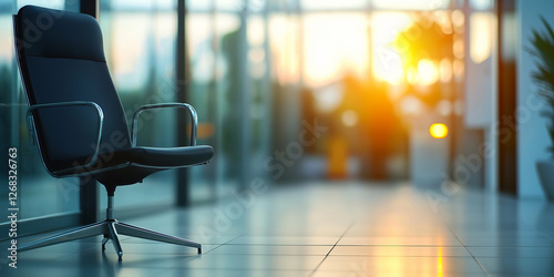Empty office chair stands in modern building at sunset waiting for manager