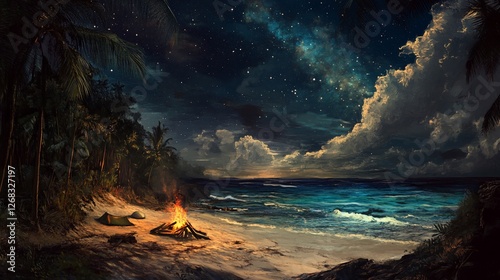 Campfire on a tropical beach at night under a starry sky.