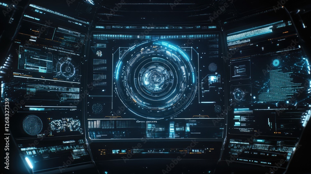 A futuristic digital interface with glowing abstract data patterns and virtual elements floating in space. Room for tech-related text and icons. A futuristic digital interface with glowing abstract data patterns and virtual elements floating in space. Room for tech-related text and icons.