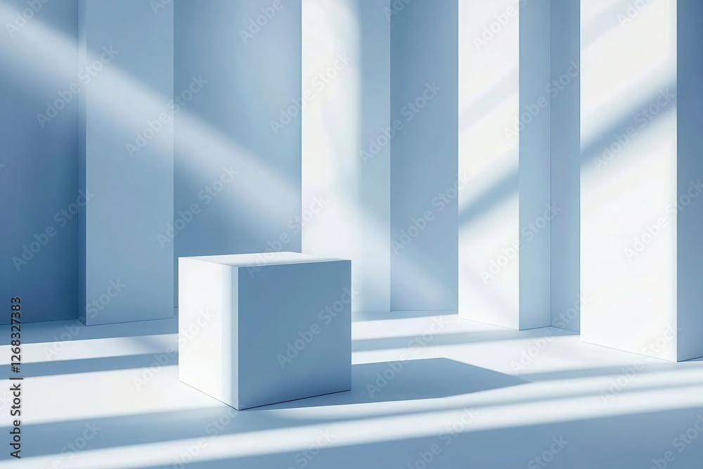 Fototapeta premium Minimalist White Space with Cube and Soft Light Shadows