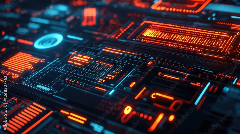 Obraz premium A futuristic tech concept with a glowing digital grid and abstract floating technology symbols. Copy space included.