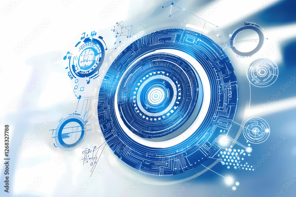 An intricate vector illustration of a blue circuit board with futuristic digital tech elements.