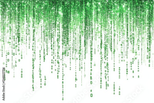 Green digital rain falling on white background, data stream, website banner (1) photo