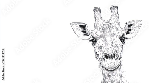 Penciled giraffe portrait, white background, wildlife art, zoo animal