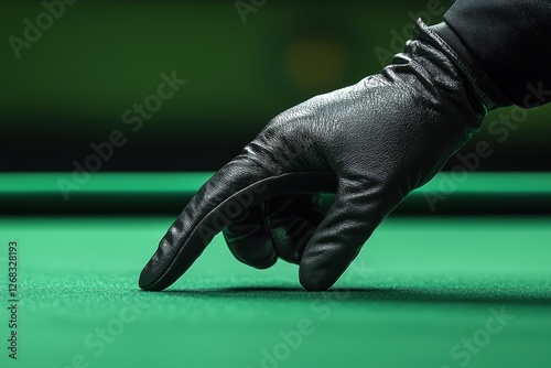 A gloved hand poised to make a strategic move on a vibrant green snooker table, capturing the intensity and focus of a competitive game. photo