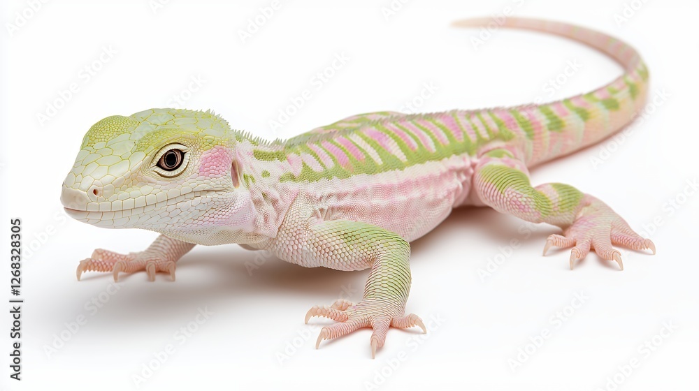Obraz premium Pastel Gecko Close Up with Pink and Green Scales on a Clean White Background