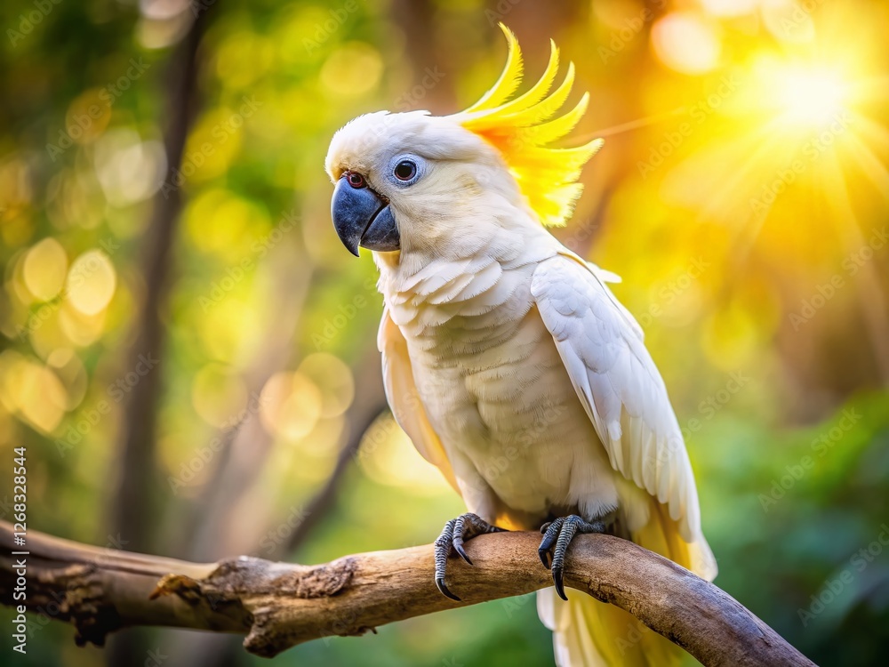 Yellow Cockatoo Bird Perched on Tree Branch - Wildlife Stock Photo Yellow Cockatoo Bird Perched on Tree Branch - Wildlife Stock Photo