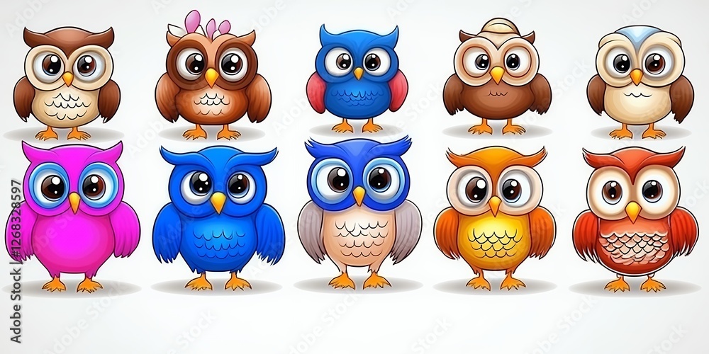 Fototapeta premium Playful Collection of Cute Cartoon Owls in Various Colors Against a Light Background