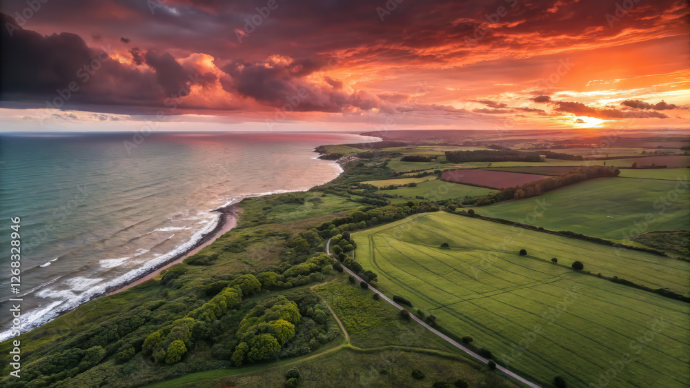 Fototapeta premium Breathtaking sunset over coastal landscape with vibrant colors and lush fields