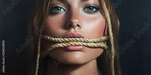 Silent Plea: The evocative portrait of a woman with a rope across her mouth is a powerful statement.