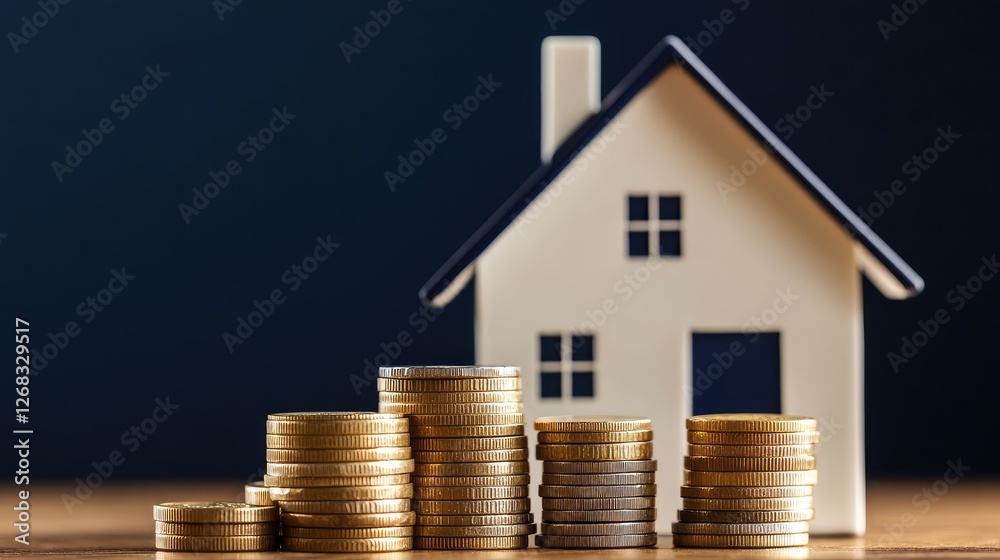 A neatly stacked pile of coins supporting a house model, representing budgeting and homeownership planning. Copy space available. A neatly stacked pile of coins supporting a house model, representing budgeting and homeownership planning. Copy space available.