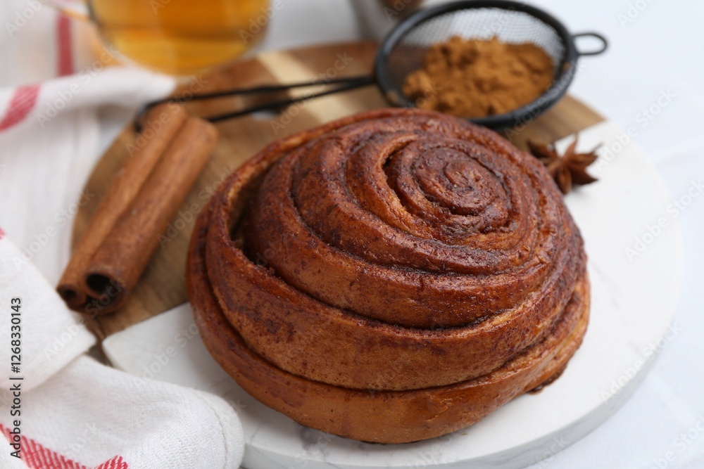 Fototapeta premium Delicious cinnamon roll bun and spices on white table, closeup