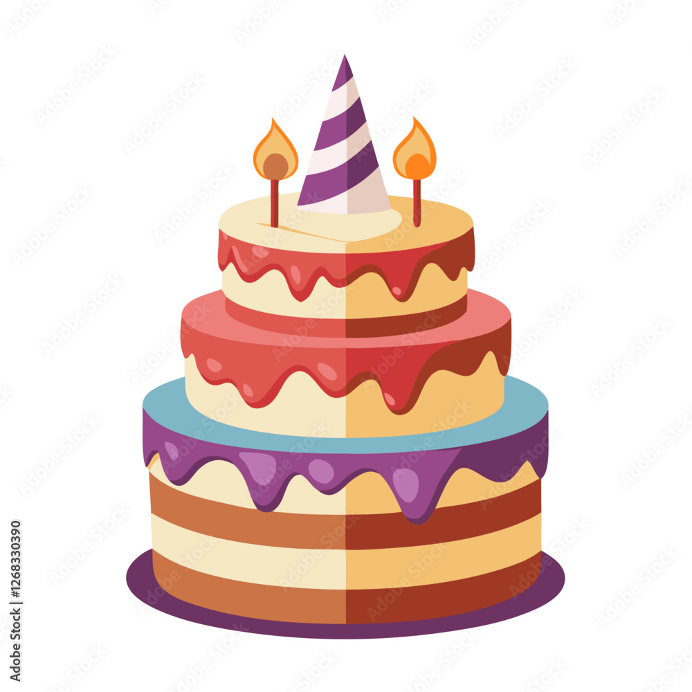 A stunning multi-layer birthday cake topped with colorful whipped cream swirls and candles. Perfect for celebrations, this delightful cake adds joy to any party A stunning multi-layer birthday cake topped with colorful whipped cream swirls and candles. Perfect for celebrations, this delightful cake adds joy to any party