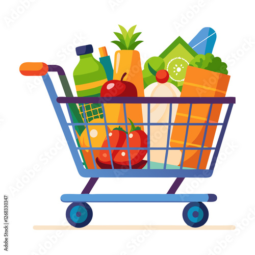 A shopping cart brimming with assorted groceries such as fruits, vegetables, beverages, and household essentials inside a vibrant supermarket. It captures the essence of a typical shopping experience