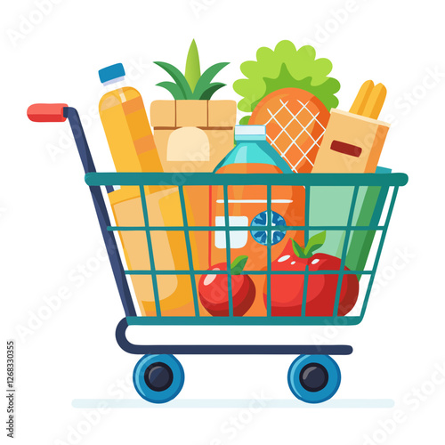 A shopping cart holds a variety of groceries, including fruits like pineapple and tomatoes, juices, and snacks, typical of a busy supermarket visit. Brightly colored items create a vibrant atmosphere
